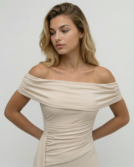 Woman wearing elegant off shoulder maxi dress