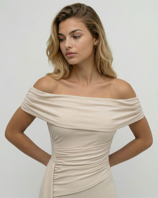 Woman wearing elegant off shoulder maxi dress