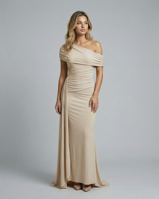 Woman wearing elegant off shoulder maxi dress