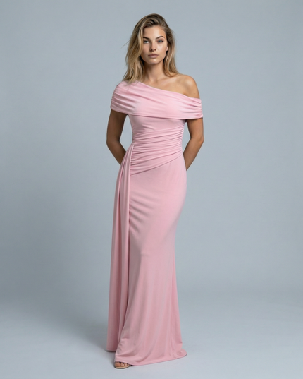 Woman wearing elegant off shoulder maxi dress
