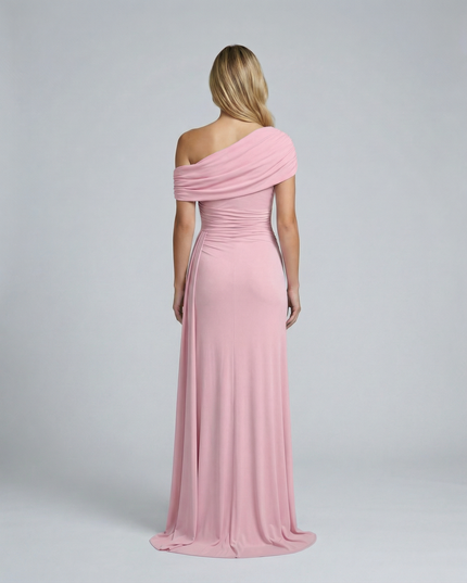 Woman wearing elegant off shoulder maxi dress