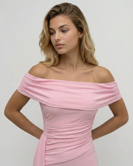 Woman wearing elegant off shoulder maxi dress