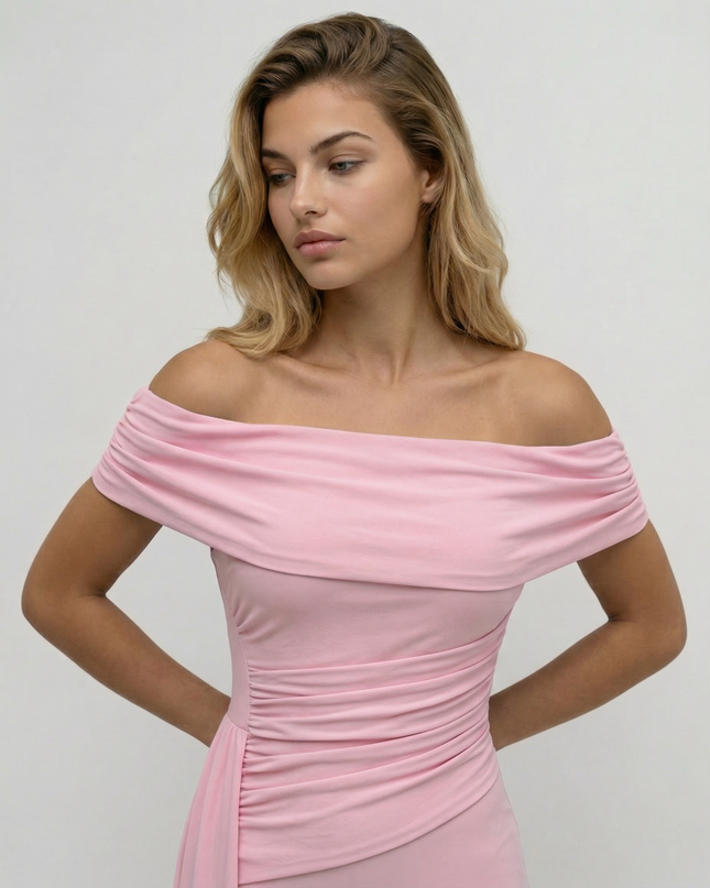 Woman wearing elegant off shoulder maxi dress