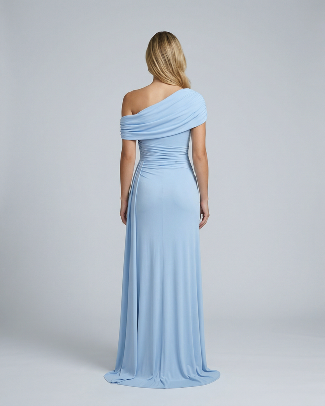 Woman wearing elegant off shoulder maxi dress
