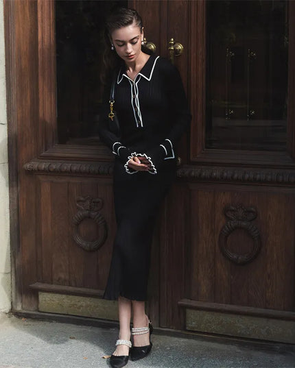 Woman wearing elegant ribbed maxi dress with timeless luxury