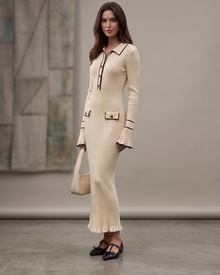 Woman wearing elegant ribbed maxi dress with timeless luxury