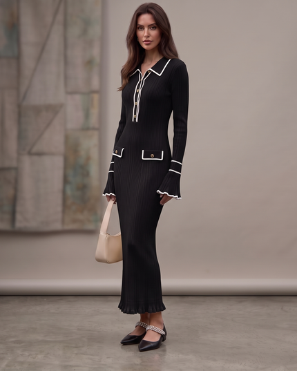 Woman wearing elegant ribbed maxi dress with timeless luxury
