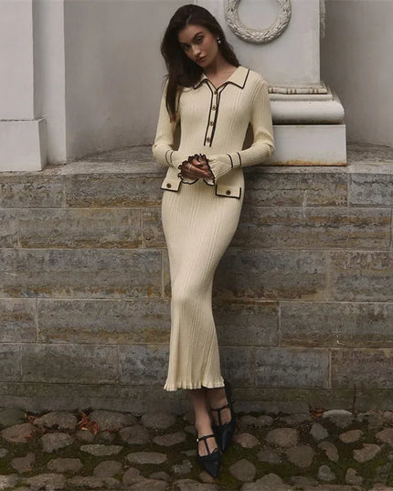 Woman wearing elegant ribbed maxi dress with timeless luxury