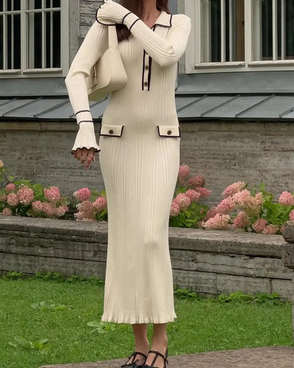 Woman wearing elegant ribbed maxi dress with timeless luxury