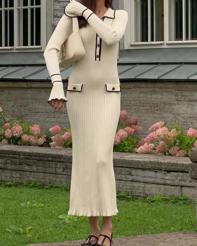 Woman wearing elegant ribbed maxi dress with timeless luxury