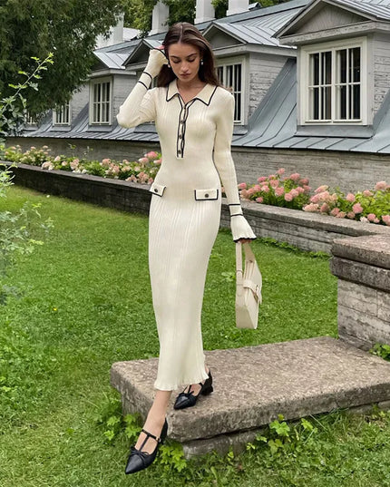 Woman wearing elegant ribbed maxi dress with timeless luxury