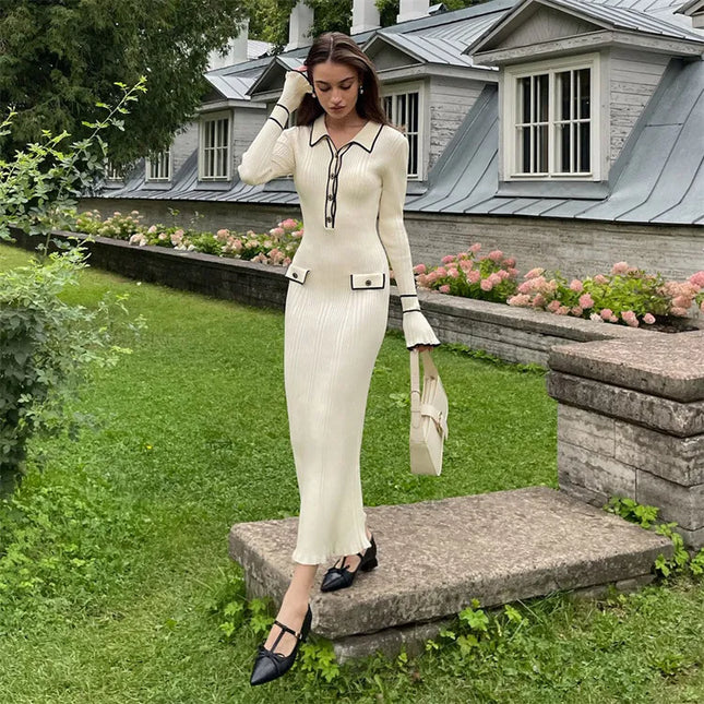 Woman wearing elegant ribbed maxi dress with timeless luxury
