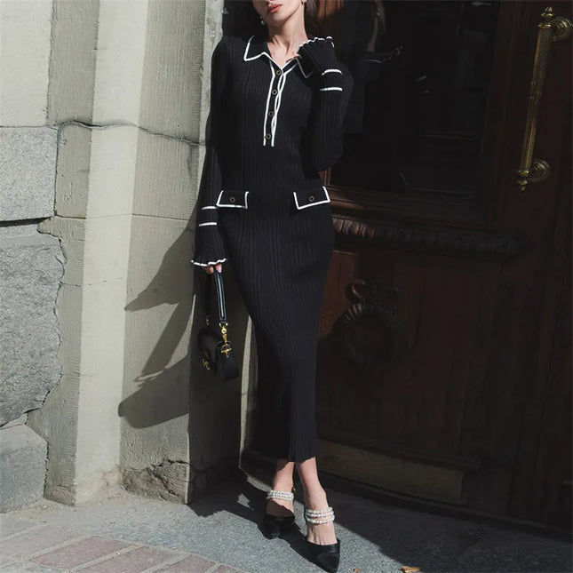 Woman wearing elegant ribbed maxi dress with timeless luxury