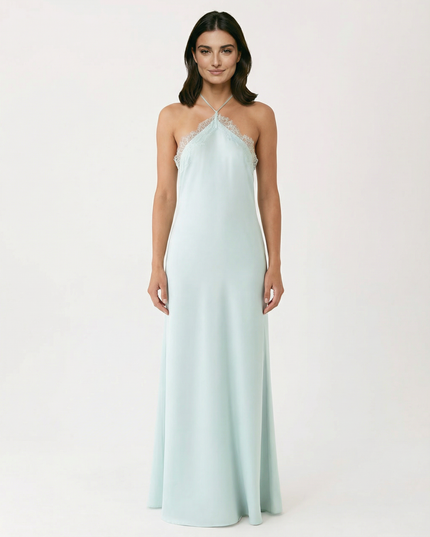 Woman wearing lace halter maxi dress