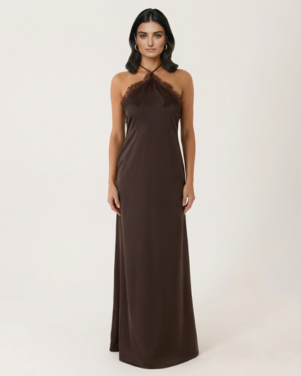 Woman wearing lace halter maxi dress