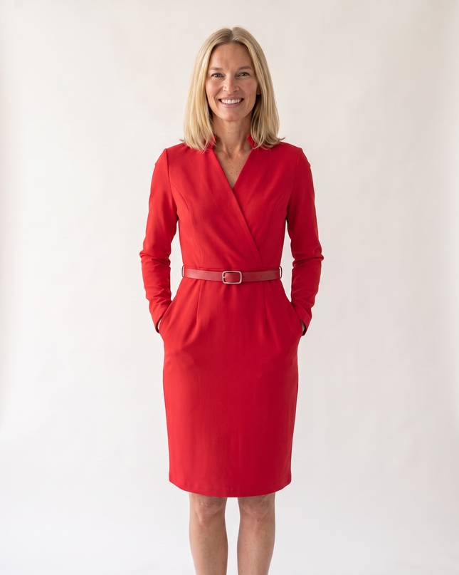 Woman wearing elegant belted midi dress