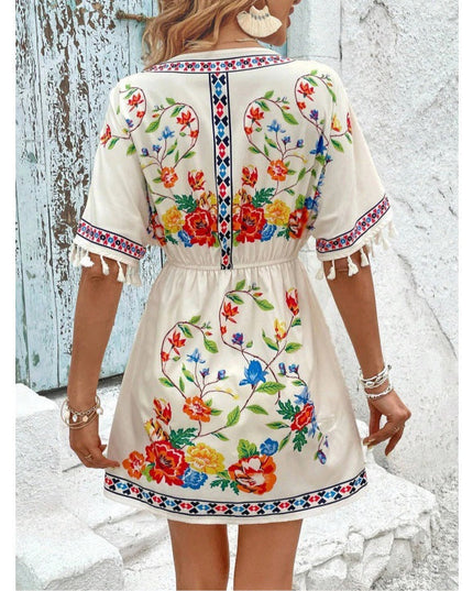 Woman wearing boho floral mini dress
