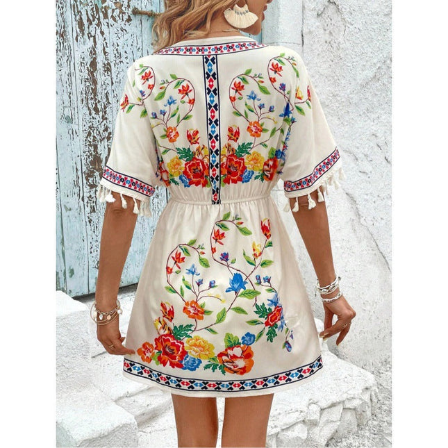 Woman wearing boho floral mini dress