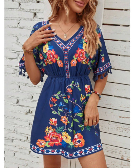 Woman wearing boho floral mini dress