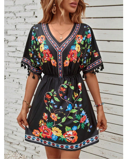 Woman wearing boho floral mini dress