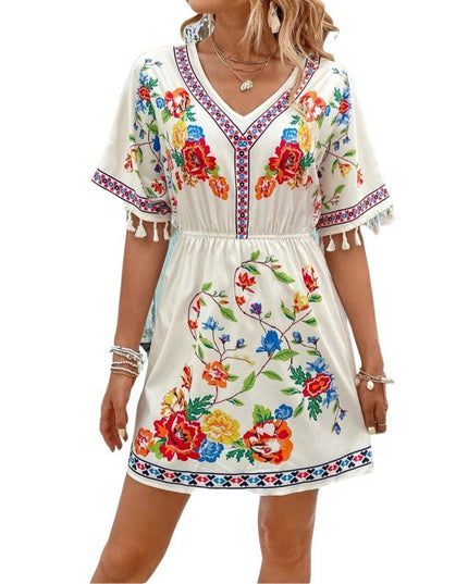Woman wearing boho floral mini dress