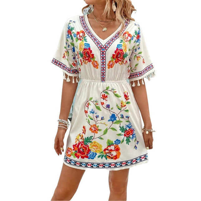 Woman wearing boho floral mini dress