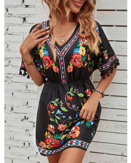 Woman wearing boho floral mini dress