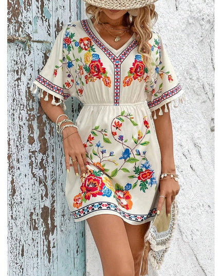 Woman wearing boho floral mini dress