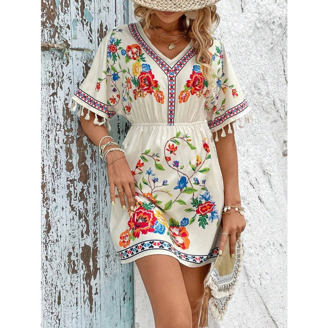 Woman wearing boho floral mini dress