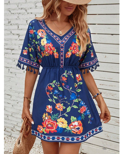 Woman wearing boho floral mini dress