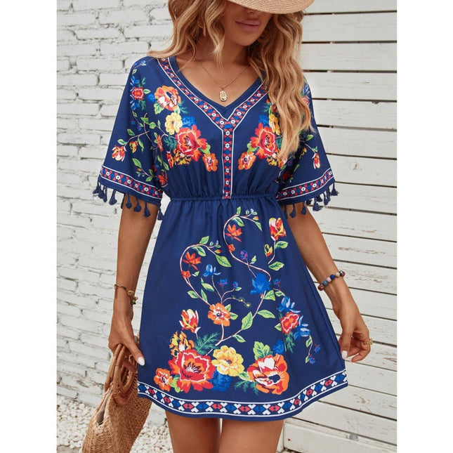 Woman wearing boho floral mini dress