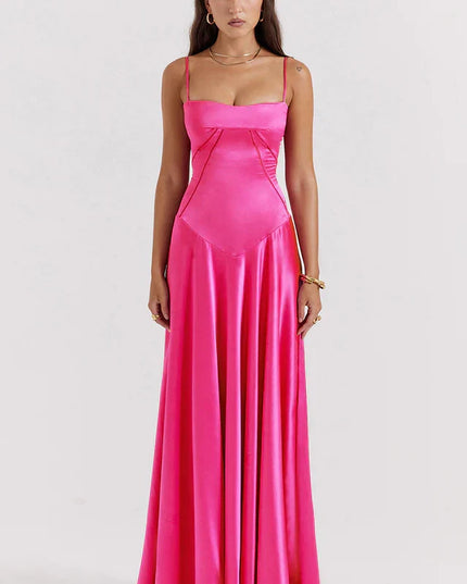 Woman wearing elegant satin maxi dress