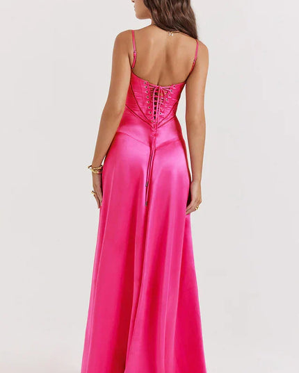 Woman wearing elegant satin maxi dress