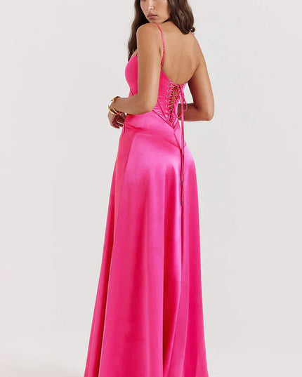 Woman wearing elegant satin maxi dress
