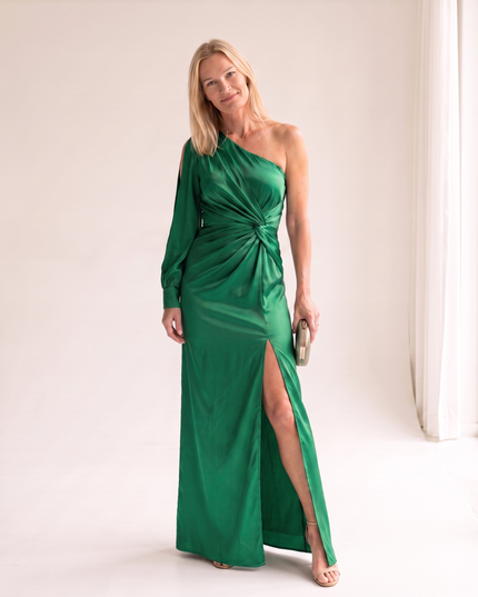 Woman wearing one shoulder satin evening dress