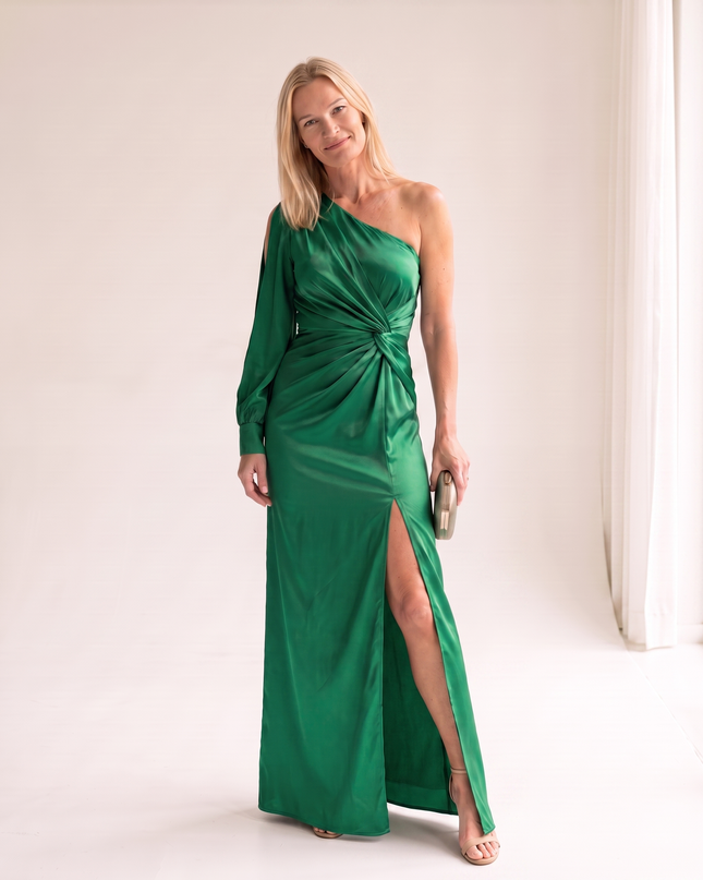 Woman wearing one shoulder satin evening dress