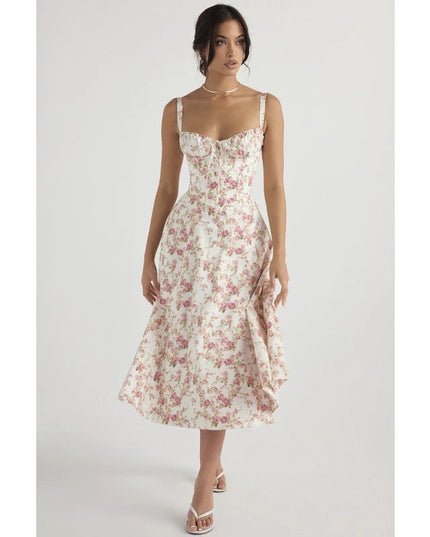 Woman wearing floral corset midi dress
