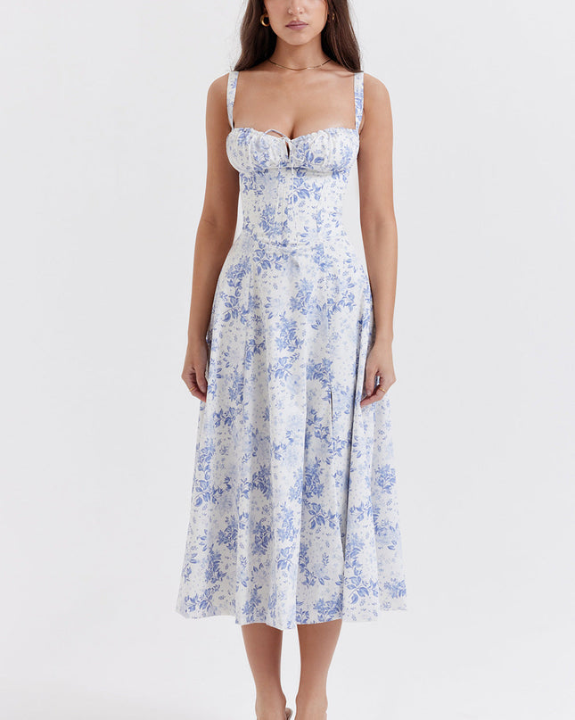 Woman wearing floral corset midi dress