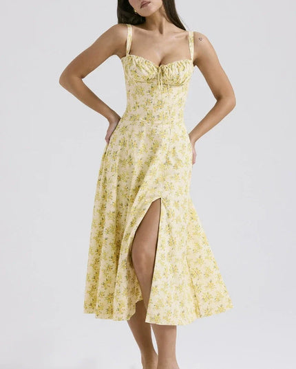 Woman wearing floral corset midi dress