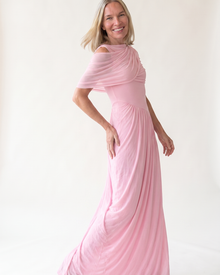Woman wearing off shoulder maxi evening dress