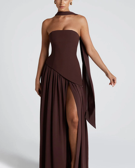 Woman wearing strapless split evening maxi dress