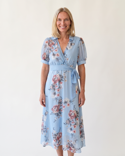 Woman wearing floral maxi wrap dress