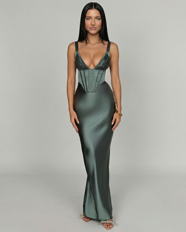 Woman wearing satin corset maxi dress