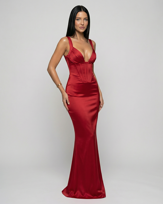 Woman wearing satin corset maxi dress