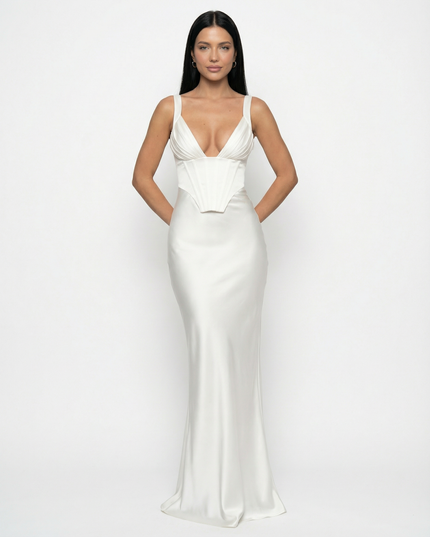 Woman wearing satin corset maxi dress