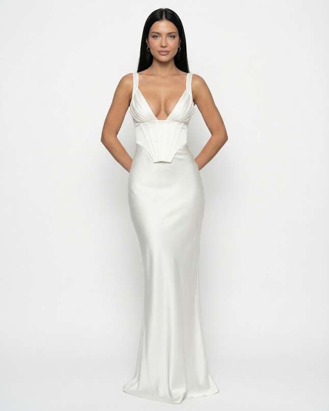 Woman wearing satin corset maxi dress