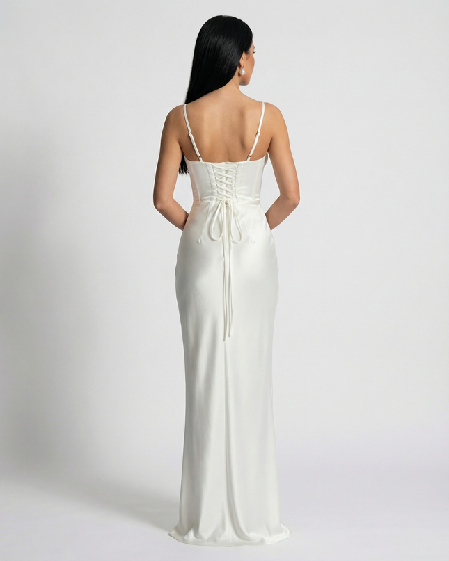 Woman wearing satin corset maxi dress