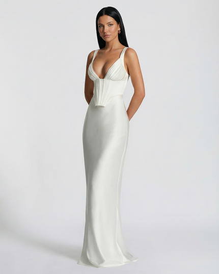 Woman wearing satin corset maxi dress