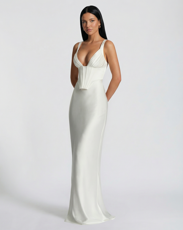 Woman wearing satin corset maxi dress