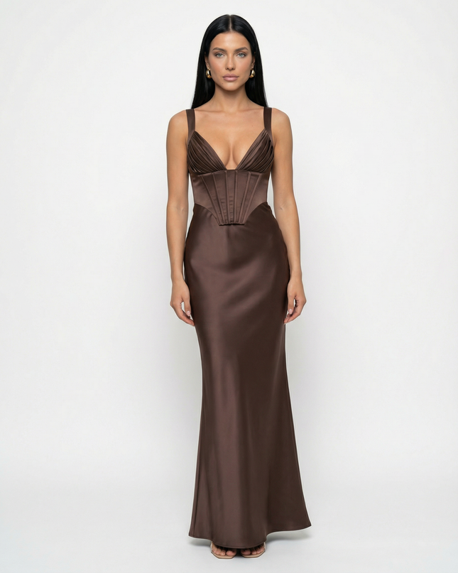 Woman wearing satin corset maxi dress